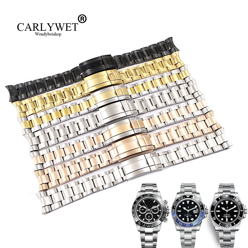 Carlywet 20Mm Cinturino In Oro Massiccio Medio Con Estremità Curva Maglie A Vite Chiusura Bracciale In Acciaio Per Rolex Ostrica Subamriner Daymf Gmt
