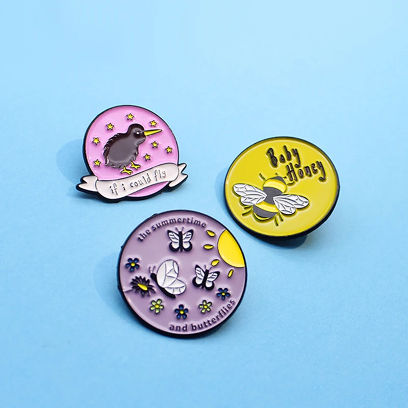 

Bird Honeybee Butterfly Enamel Pins the summertime and butterflies,if i could fly Purple pink yellow Broche Jewelry Kids Badge