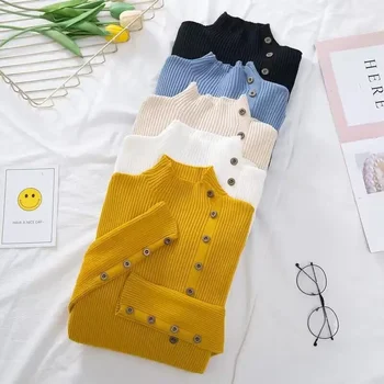 سترات نسائية محبوكة بياقة مدورة لخريف 2025 من القطن المحبوك الصلب بلوفرات ضيقة بأزرار وأكمام كاملة