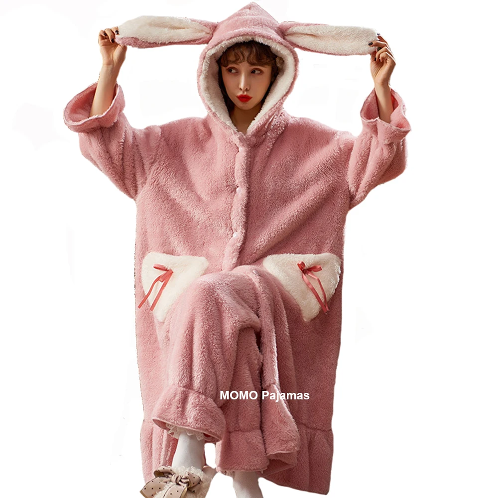 Winter Kawaii Cartoon Pajamas Sets Flannel Thick Warm Nightgown Suit Women Coral Fleece Sleepwear Girls Cute Homewear Nightwear