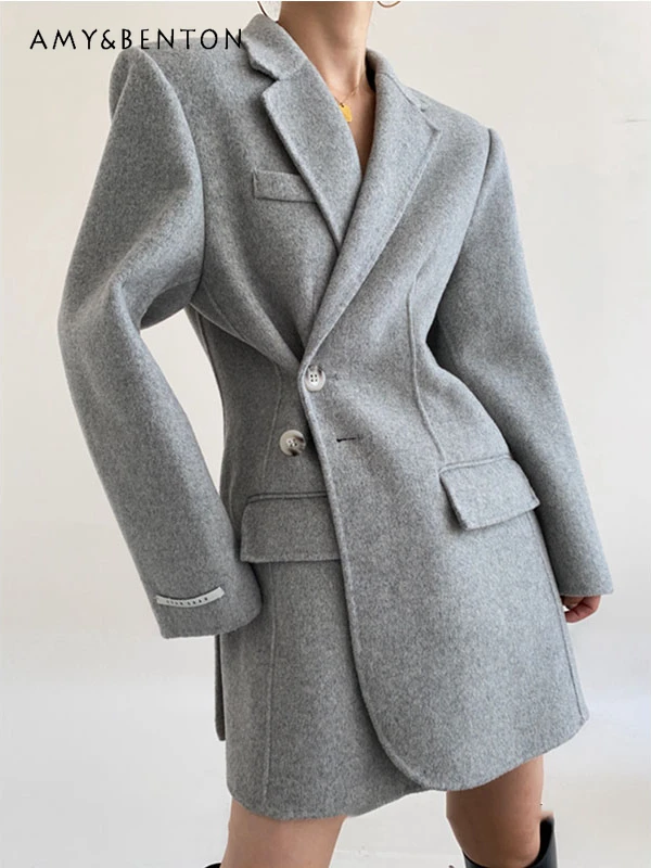

High-Grade Gray Fashion Thicken Suit Women Spring New Commuter Style Temperament Irregular Slim All Match Double Face Wool Coat
