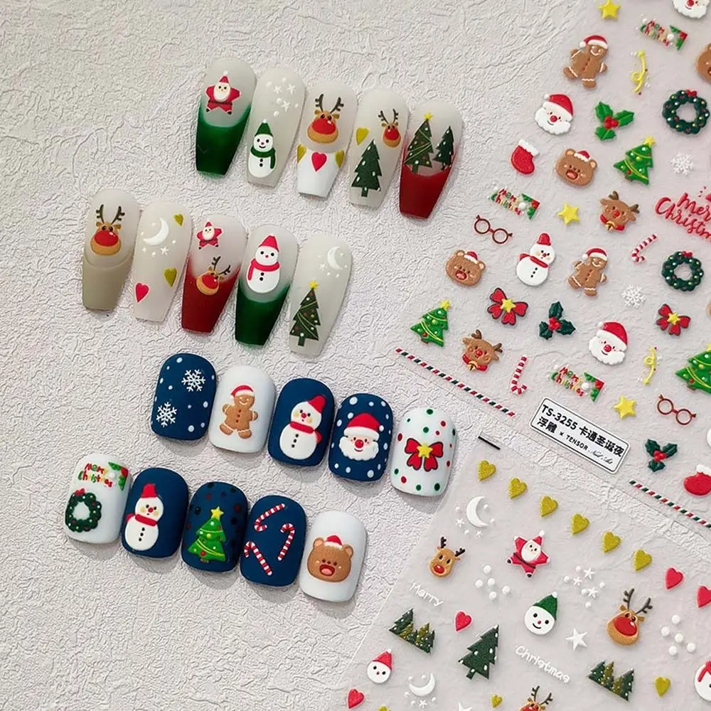 

Christmas Nail Stickers 5D Embossed Nail Art Decals Cute Snowman Elk Santa Claus Snowflake Self-adhesive Sliders DIY Nail Charms