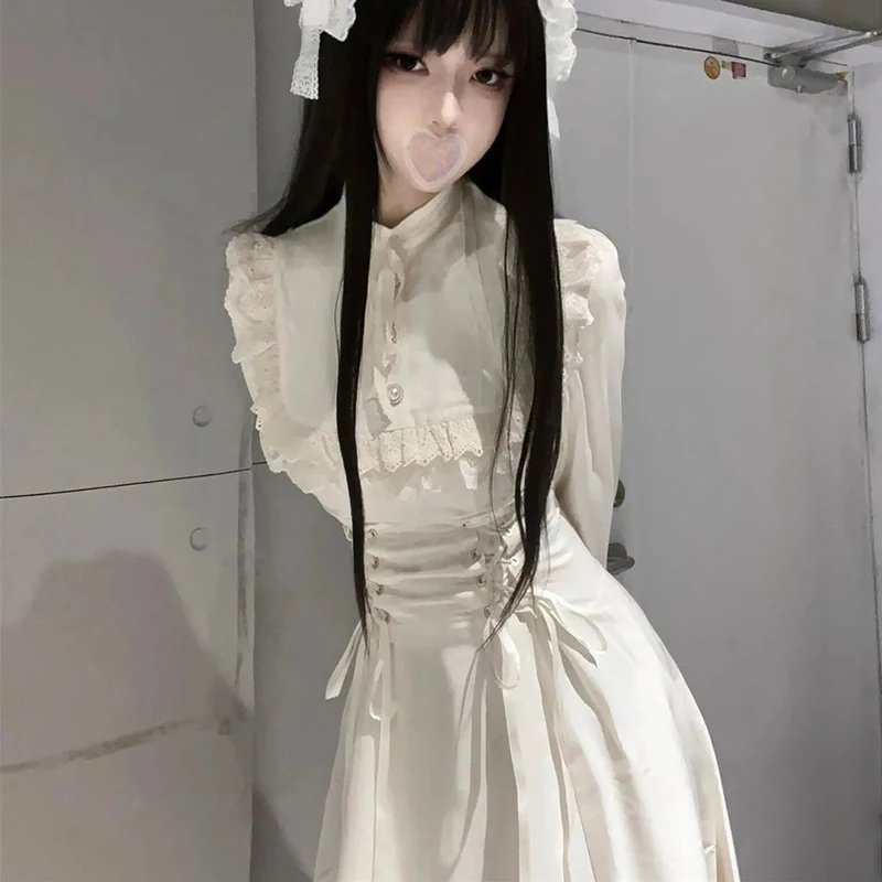 Abito francese elegante in pizzo a maniche lunghe da donna Abiti patchwork a vita alta Lolita Fashion Kawaii Nuovi abiti con lacci femminili - immagine 2
