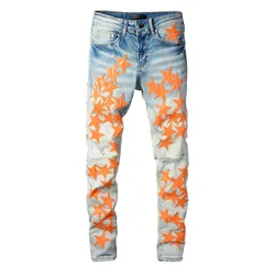 Best Sellers Men's Distressed Streetwear Light Blue Denim Pants Yellow Stars Patchwork Moustache Holes Ripped Jeans Pants
