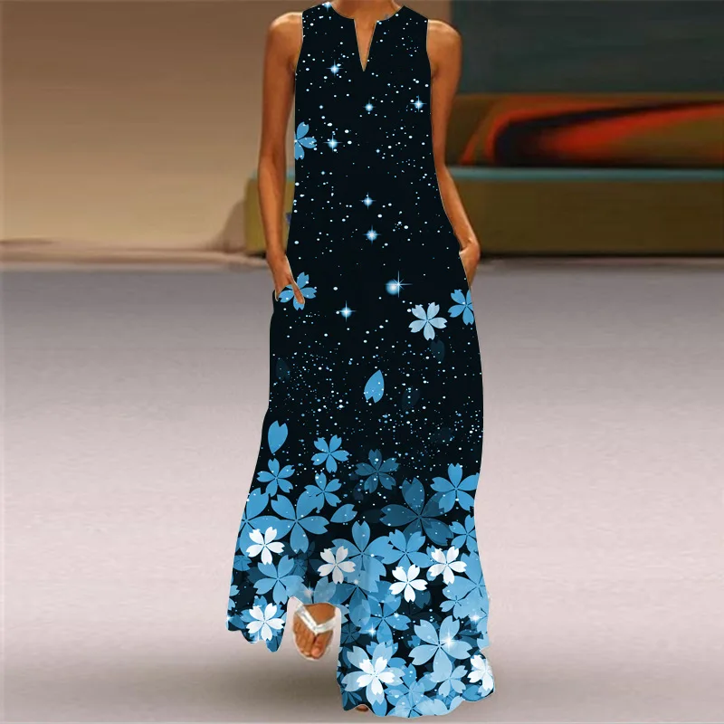 MOVOKAKA Spring Summer Print Long Dress Women Beach Holiday Casual Fashion Elegant Dresses Party Sleeveless V Neck Maxi Dresses