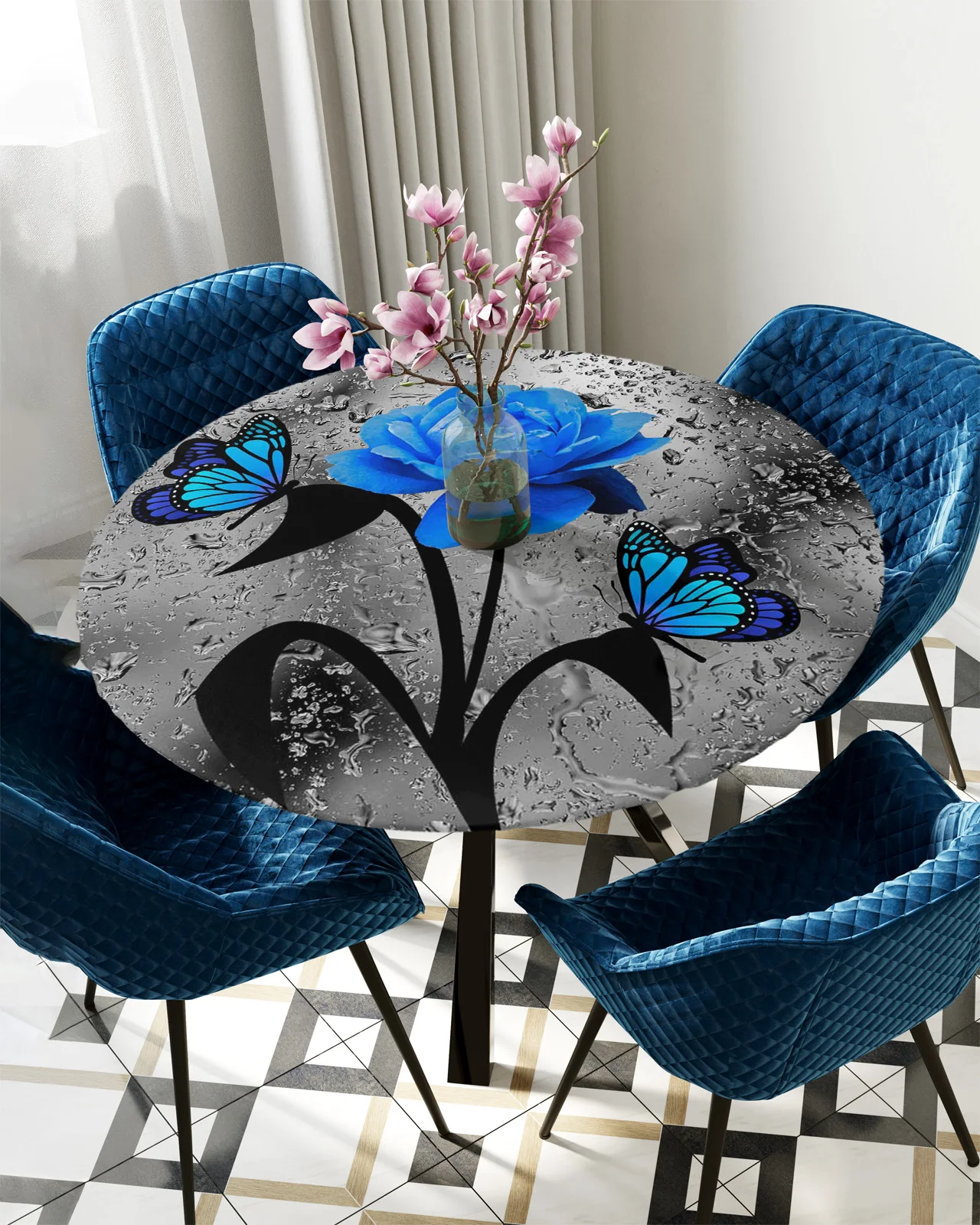 

Flower Blue Rose Butterfly Water Drops Round Table Cloth Cover Home Kitchen Dining Room Waterproof Elastic Tablecloth