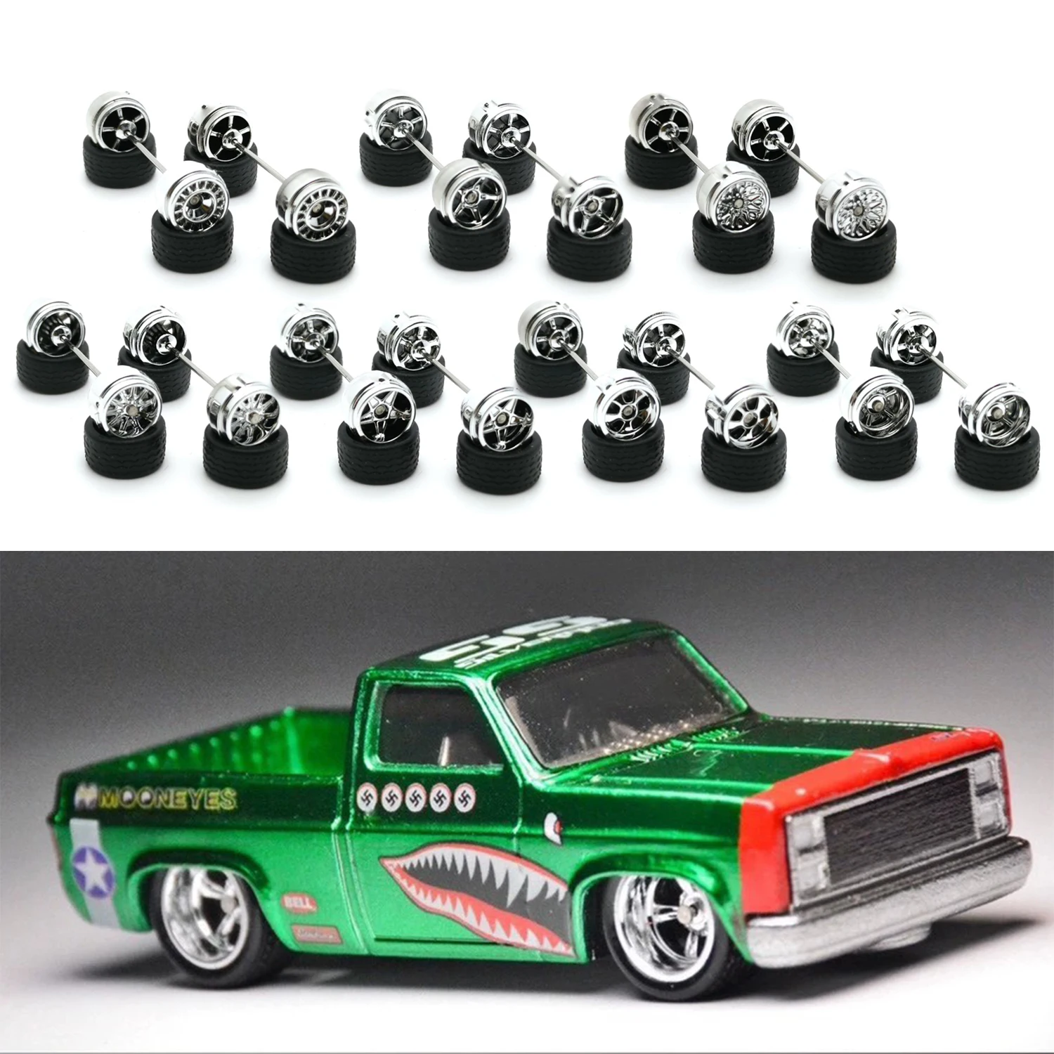 1Set 1/64 Wheels for Model Cars with Rubber Tires Type for 1:64 Toy Car Diecast Modified Kit Miniature Parts