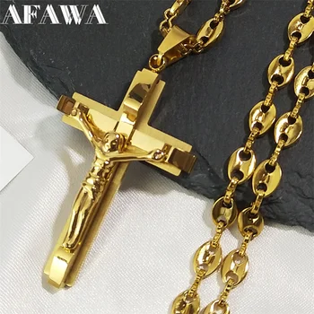 Jesus cruz crucifixo pingente colar para homens de aço inoxidável cor ouro cristão feijão de café corrente jóias cruz cristão 1