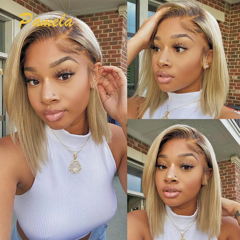 Ombre Blonde 1b/27 Color Wig Short Natural Hair Wig 4x4 Lace Closure Glueless Wigs Human Hair Wigs 13x4 Lace Frontal Women Wigs