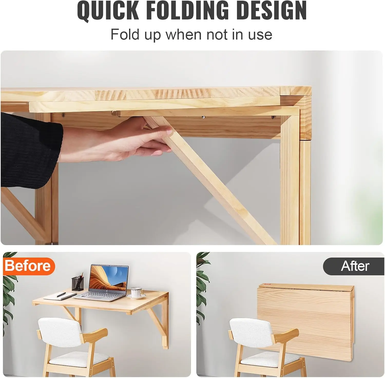 Wall Mounted Folding Table, Wall Mounted Drop Leaf Tables, Solid Wood Floating Desk for Dining, Laundry Room, Office 6