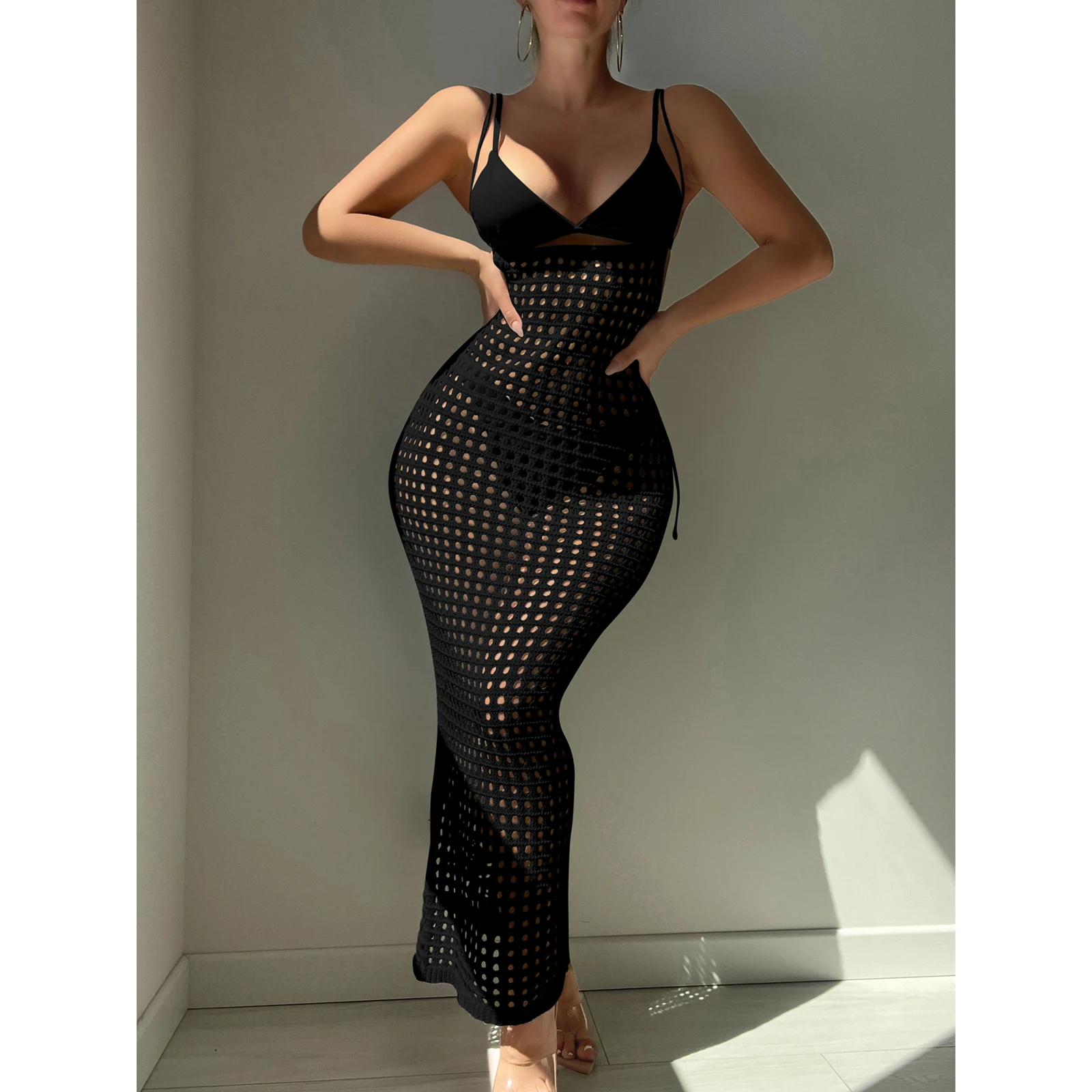 

Women's Crochet Bikini Cover Ups Sleeveless Open Bust Solid Color Cover Up Long Beach Dress Bathing Suit Summer