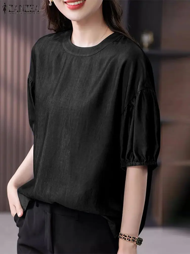 ZANZEA Vintage Elastic Cuffs Tunic Tops Women Solid Blouse 2024 Summer Lantern Half Sleeve Shirt Casual Loose Round Neck Blusas