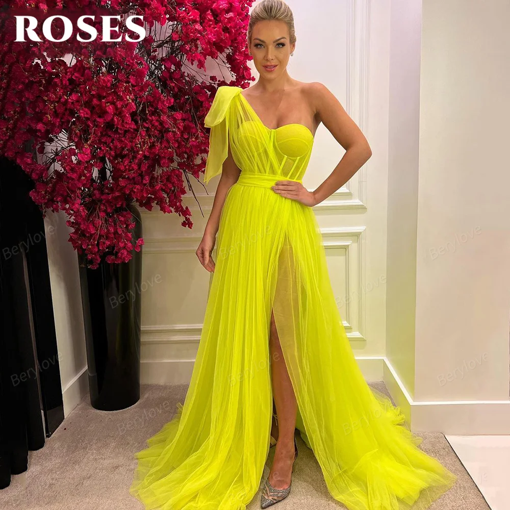 

Yellow One-Shoulder Prom Dress Sweetheart Long Pleated Tulle Boned Evening Dresses High Split Elegant vestido Formal Party Gown