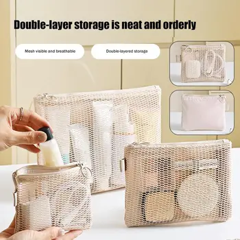 Borse da viaggio per cosmetici, pochette a rete, mini borsa portatile semplice, borsa quadrata multiuso, porta carte con doppia cerniera