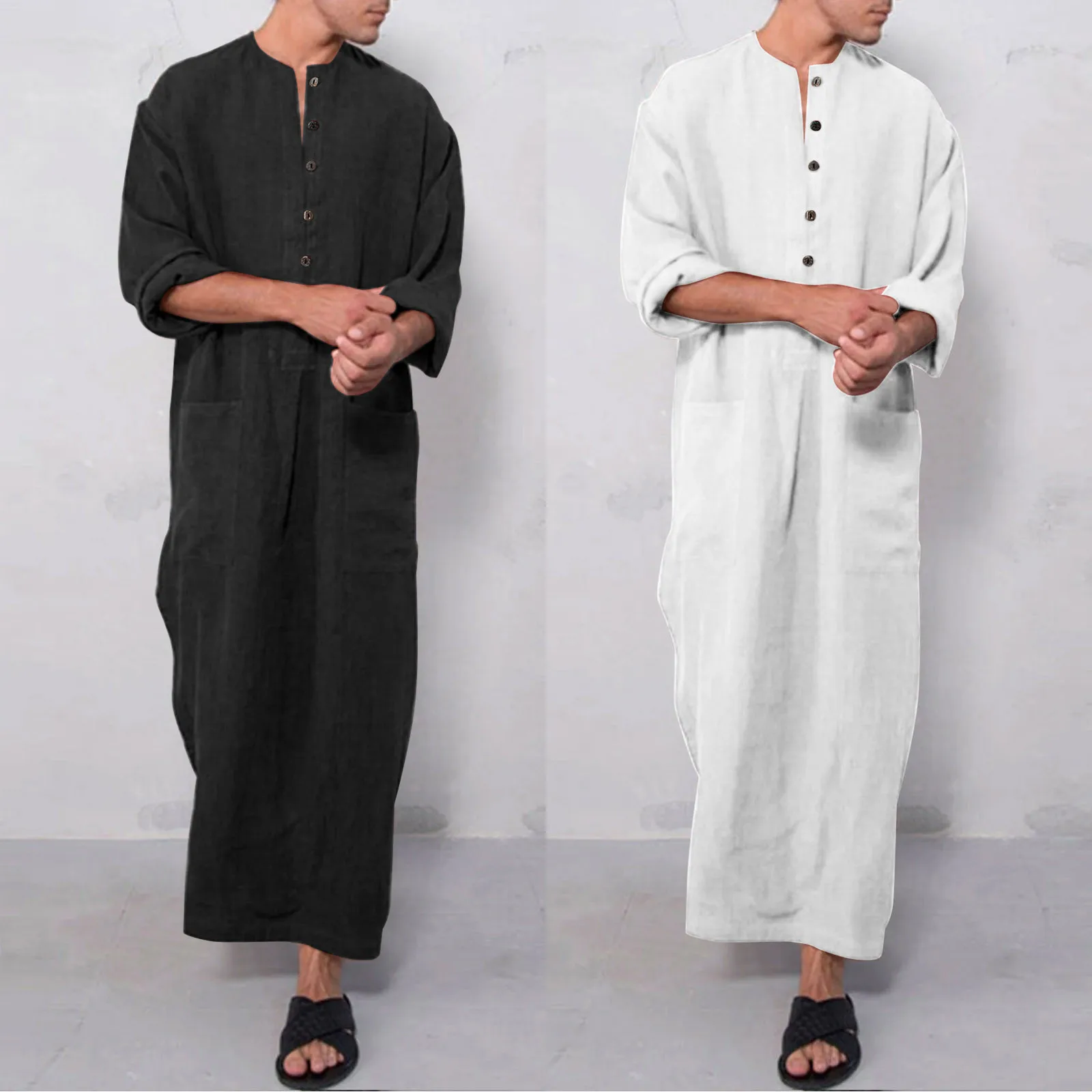 

2024 New Vintage Men Islamic Arabic Jubba Thobe Long Sleeve Buttons Cotton Robes Men Saudi Arabia Abaya Dress Muslim Kaftan Male