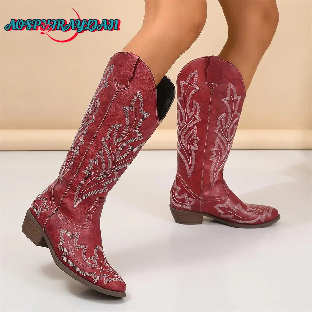 Brand New Ladies Vintage Embroider Cowboy Boots Fashion Pointed Toe Chunky Heels women's Cowgirl Boots Casual Party Women Shoes