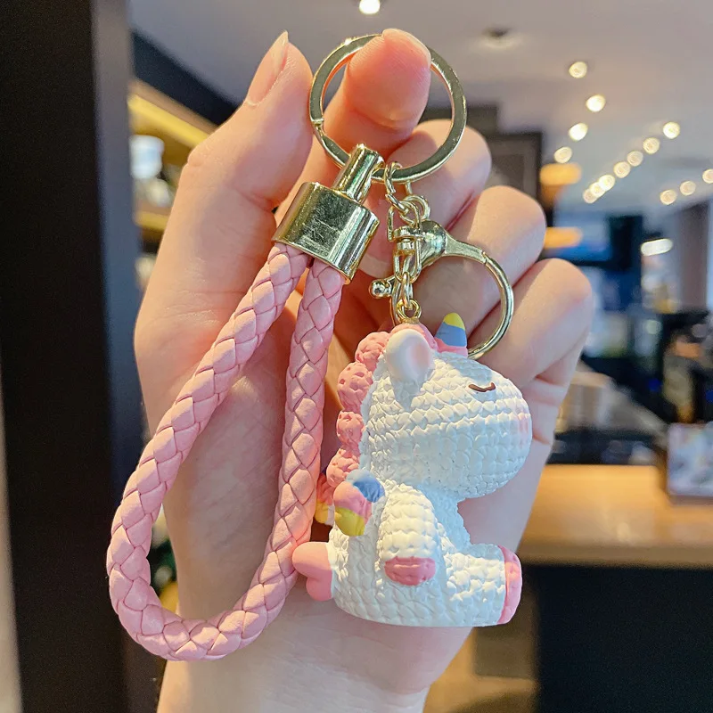 Cute Unicorn Key Chain Resin Iridescent Keychain Leather Weaving Fashion Doll Bag Pendant Holiday Car Key Ring For Girls Gift