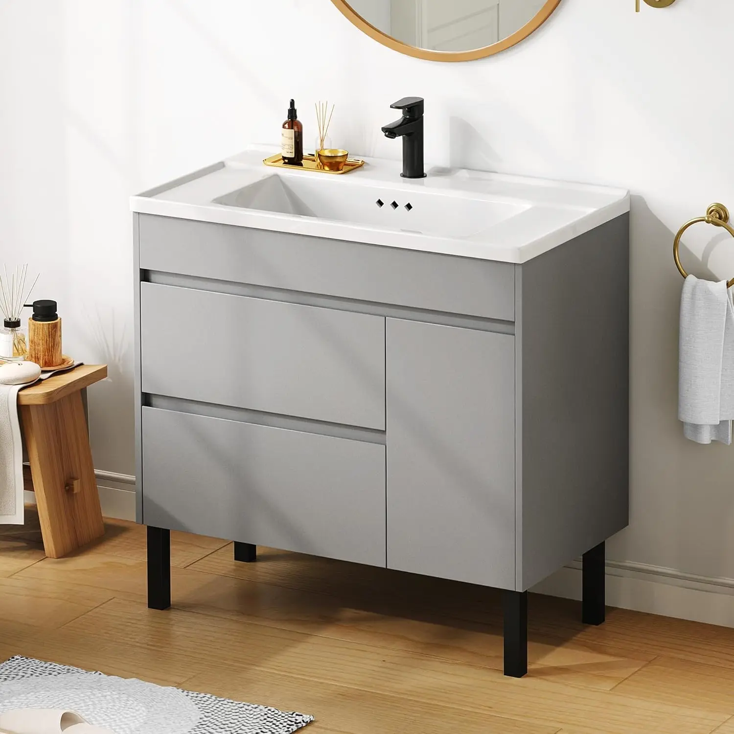 36 Inch Freestanding Bathroom Vanity Sink Combo with High-hardness Ceramic Basin Small Space Storage Adjustable Feet