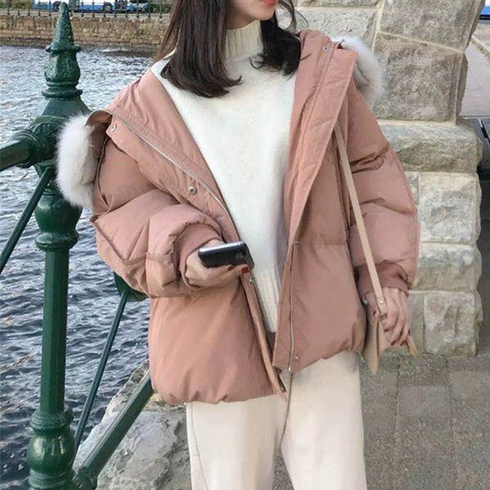 

2023 Women Winter Warm Jackets Solid Color Fur-Collar Buttons Zipper Down Jackets Outerwear Korean Fashion Thickened Down Coats