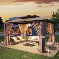 Aluminum Frame Permanent Pavilion with Curtains and Netting, Outdoor Polycarbonate Gazebo, Double Roof Canopy, Garden Sofas 1
