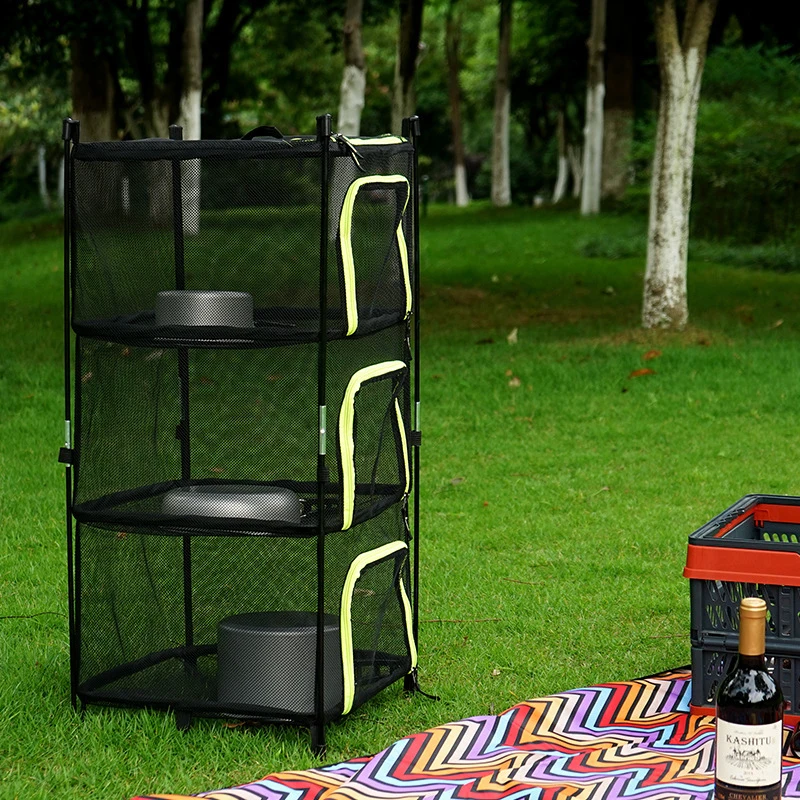 Outdoor Camping Tableware Storage folding storage basket Storage Ventilation Net Foldable Hanging Mesh Fruit Rack