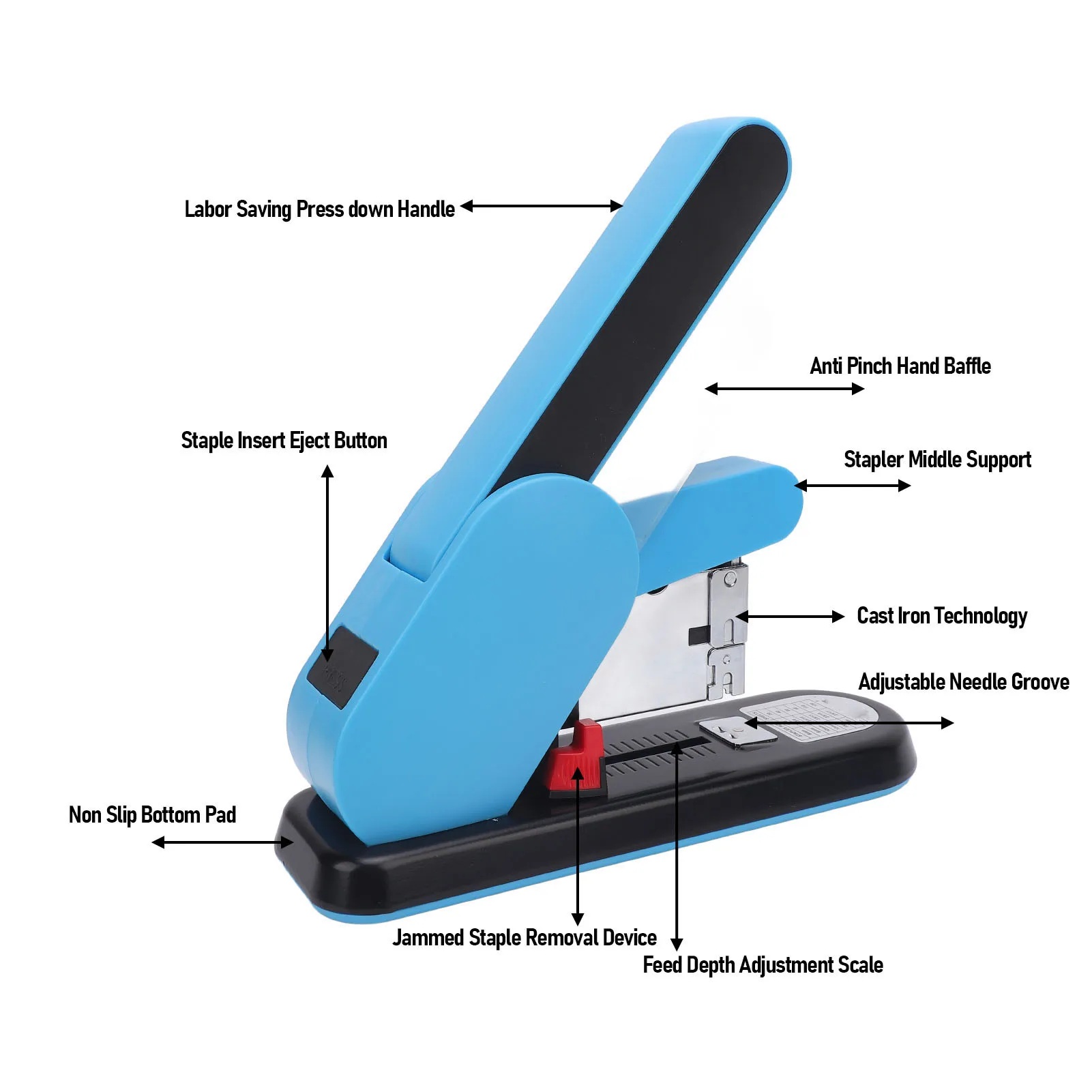 Heavy Duty Stapler 190 Sheet Capacity Adjustable Feed Depth Easy Staple Removal Effortless Stapler