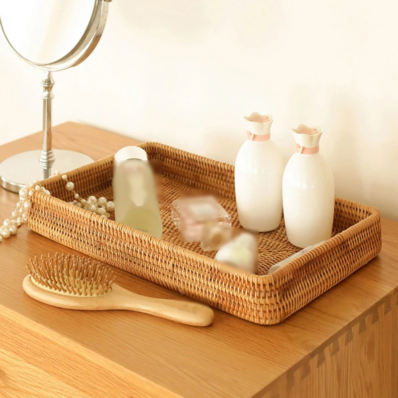 Handwoven Rattan Storage Basket Square Wicker Tray Picnic Basket Bread Food Plate Fruit Cake Sundries Box Home Desk Decoration 2