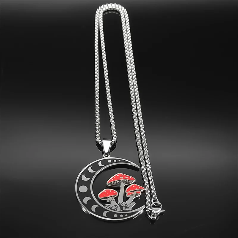Hexerei Mond Pilz Anhänger Halskette Für Frauen Männer Edelstahl Silber Farbe Sonne Trend Ästhetische Kette Schmuck Geschenke – Detail 6