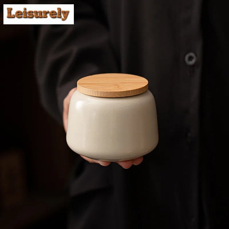 Cream Ru Kiln Porcelain Tea Box Organizer Moisture-proof Luxury Storage Tank Containers Tea Caddy Chinese Tea Set Decoration