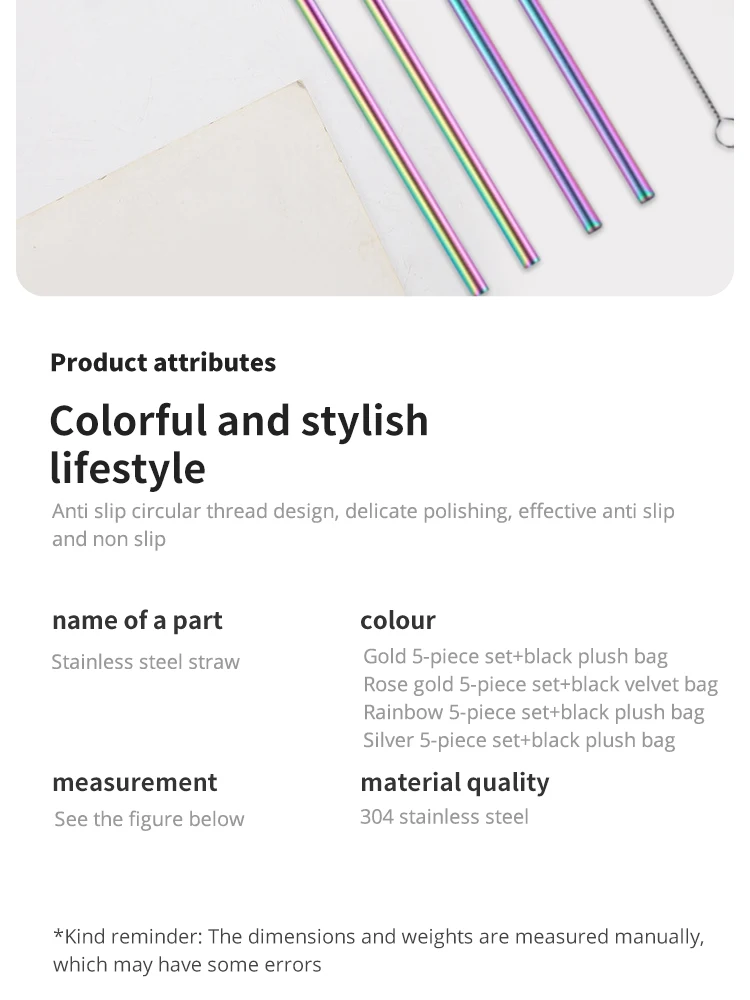 Description Picture 4 of item5 Pieces Stainless Steel Straw Set Colorful Metal Straws Bar Drinks Coffee Milk Tea Juice Drinking Utensils Environmental Protec