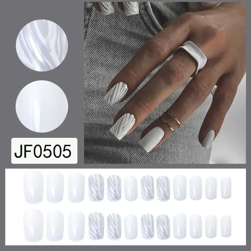 24pcs Detachable DIY Press on Nails False Nails Short Square Silver Flame French White Edge