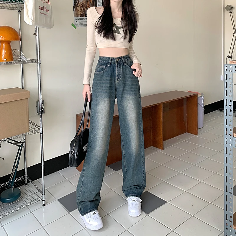 Wide Leg Jeans For Women High Waist Baggy Straight Trousers Woman Clothing Fashion Retro Blue Denim Pants Streetwear Female Mom