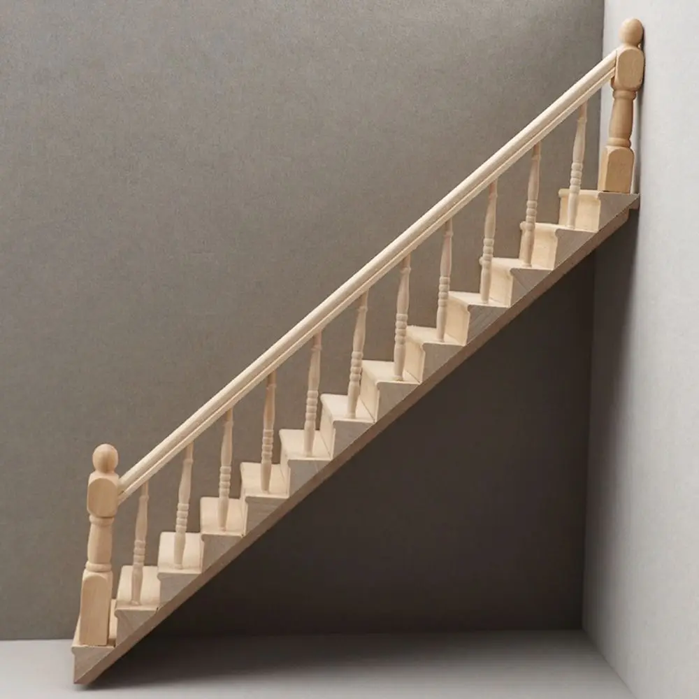 Miniature Dollhouse Wooden Stairway with Handrail – DIY Pretend Play Furniture