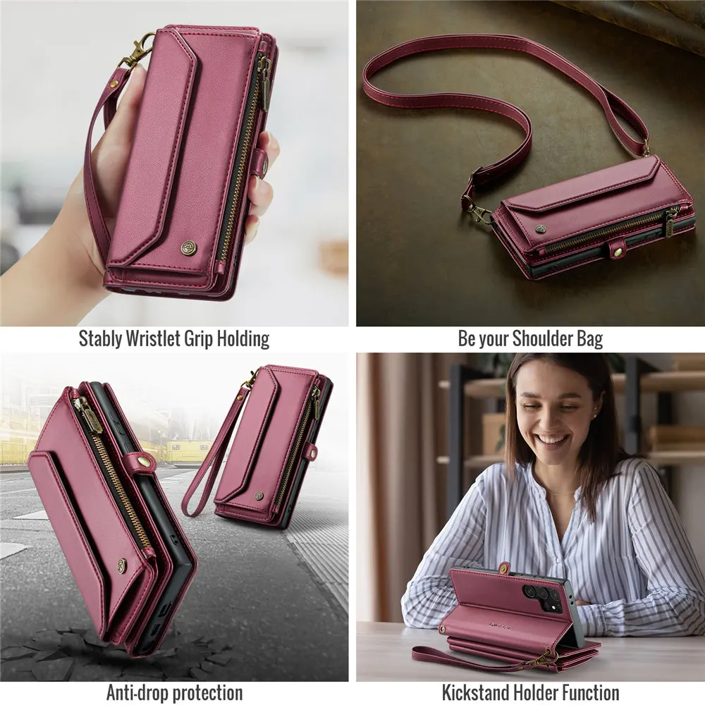 Leather Crossbody Wallet Case with Lanyard and Zipper Cover