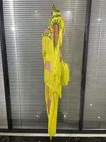 Yellow Tassel Jumpsuit Women Long Sleeve Spandex Skinny Fringe Leotard Sexy Stage Wear DJ Singer Dancer Party Show Costume - Image 3