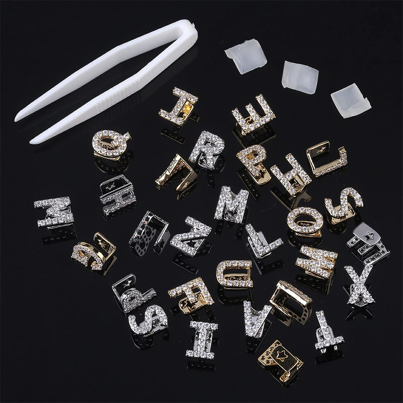 1Pcs Copper Zircon A-Z Letters Hip Hop Rapper Single Tooth Braces Rhinestone Tooth Cap Top Bottom Grill Teeth Cosplay Jewelry