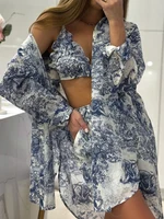 Mumaroho 2024 Spring Summer Women Holiday Shorts Set Loose Fit Long Sleeve Outfit 3 Piece Matching Sets For Women - Image 2