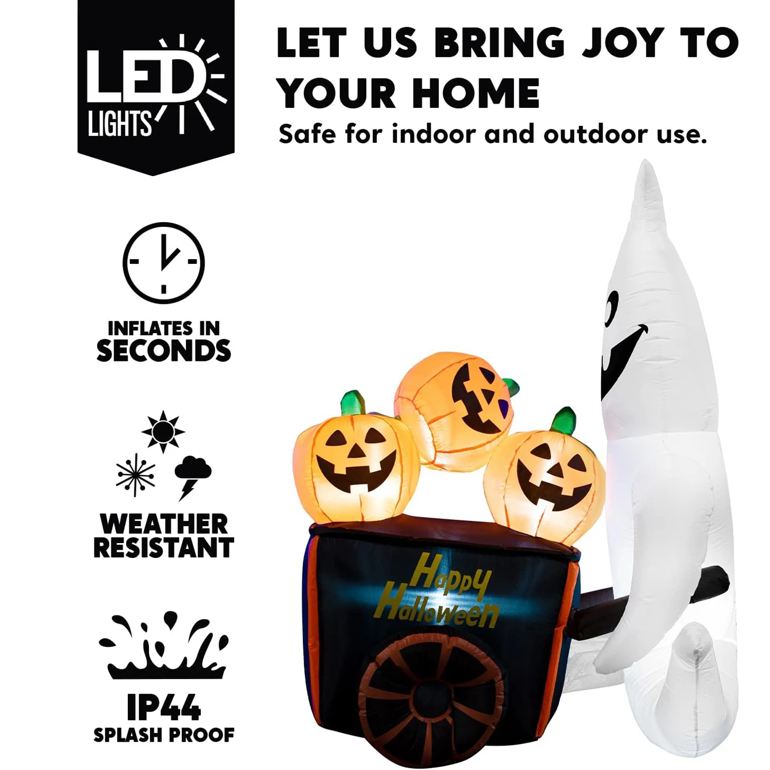 6 FT Halloween Inflatable Ghost Pushing Pumpkin Cart with Build-in LEDs Blow Up Inflatables for Halloween Party Yard Outdoor Toy 6