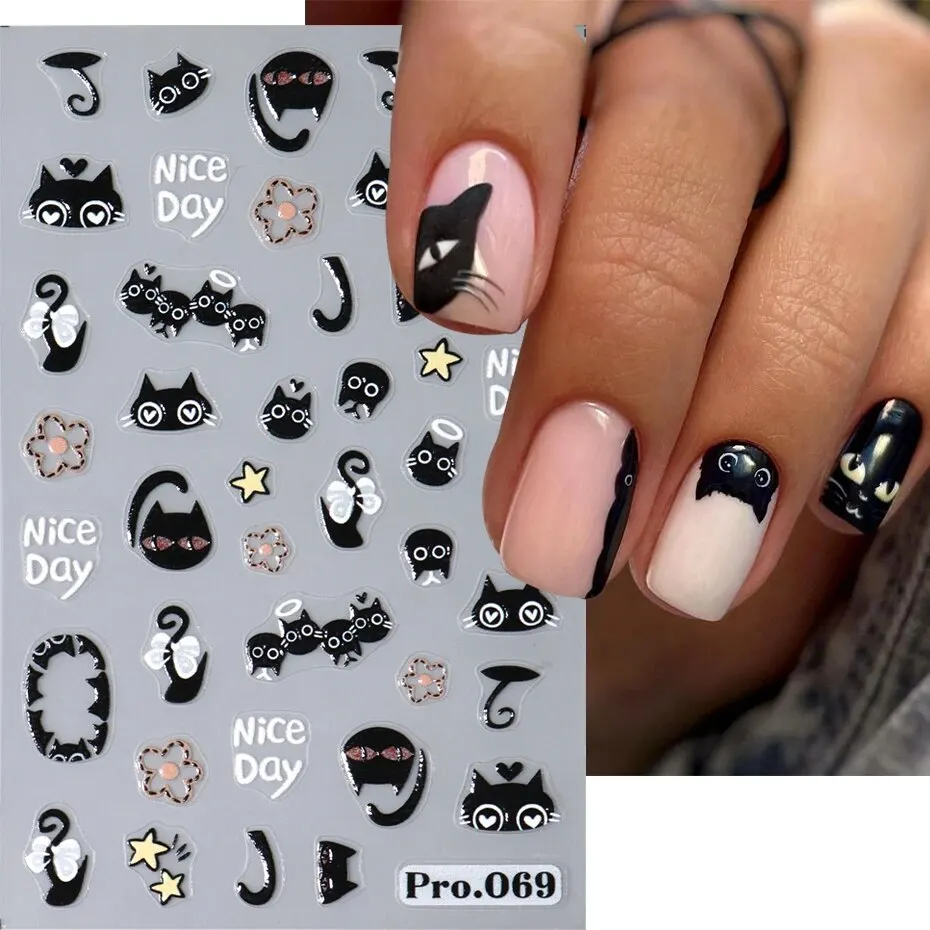 2pcs Black Cat Nail Stickers 3D Cute Cartoon Animal 3D Self-Adhesive Nail Art Decals Sliders Decorations Manicure Accessories 5