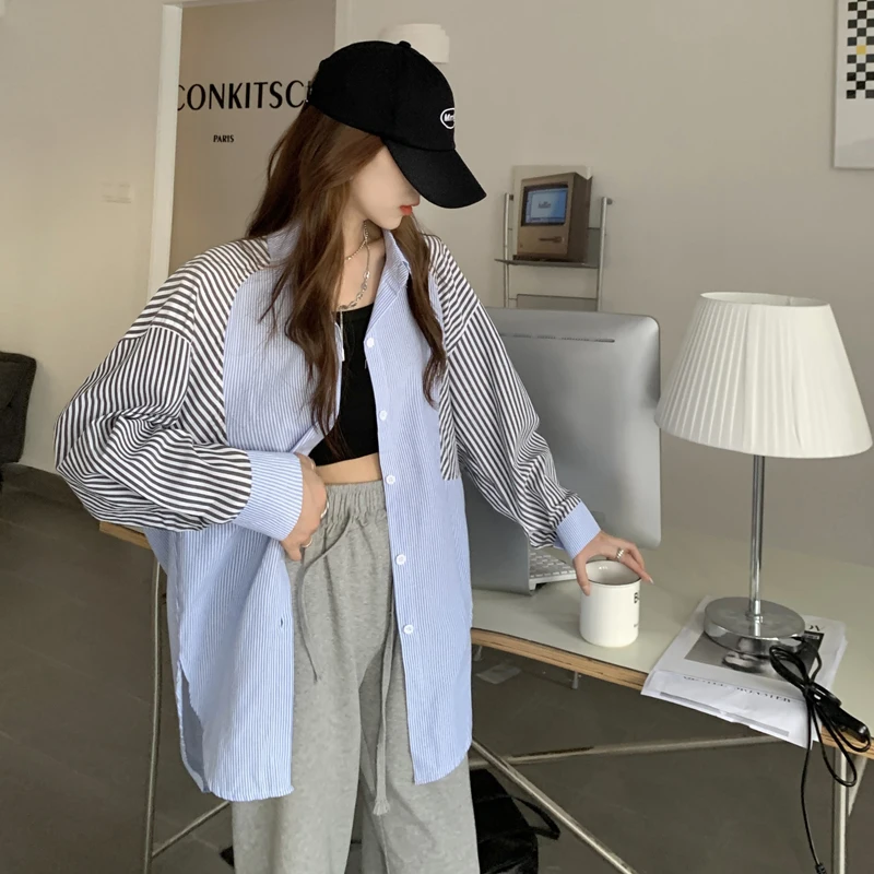 Striped Stitching Blue Shirt Women's Long-sleeved Top Spring New Design Loose Casual Mid Length Thin Cardigan Coat Female Blouse