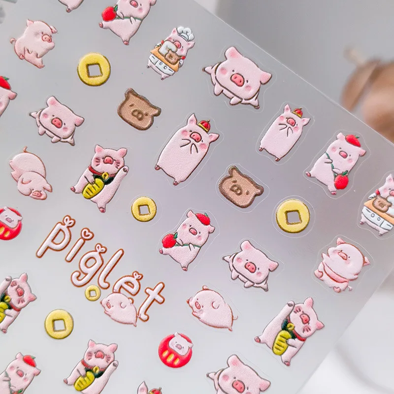 Cute Cartoon Wealthy Piglet 5D Soft Reliefs Self Adhesive Nail Art Decorations Stickers Rabbit Bear 3D Manicure Decals Wholesale 3