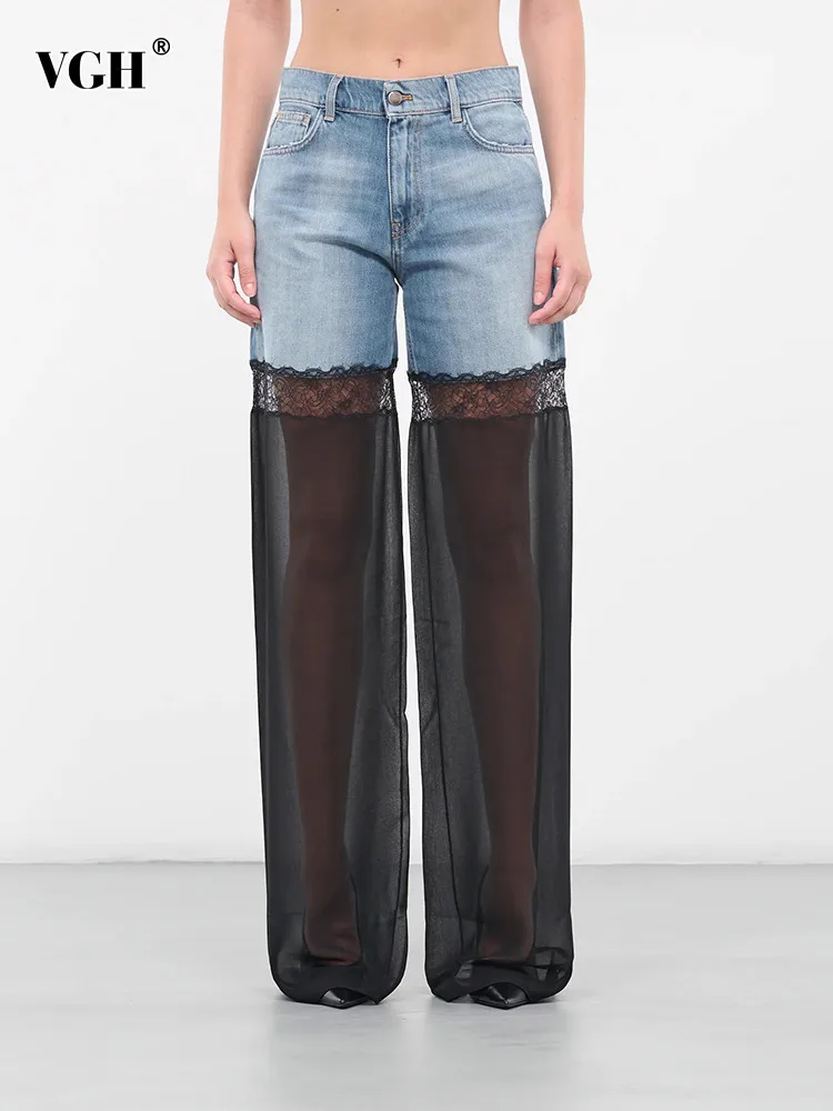 

VGH Hit Color Patchwork Lace Loose Full Length Jeans High Waist Spliced Pocket Streetwear Wide Leg Pants Female Fashion Clothes