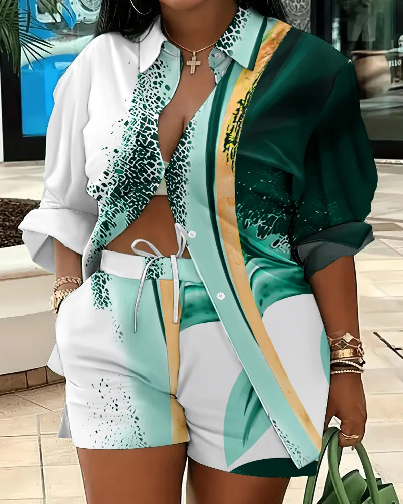 

Женский комплект из рубашки и шорт на завязках, Повседневная Блузка с длинным рукавом и шорты с высокой талией и принтом в стиле Tie Dye, лето-весна