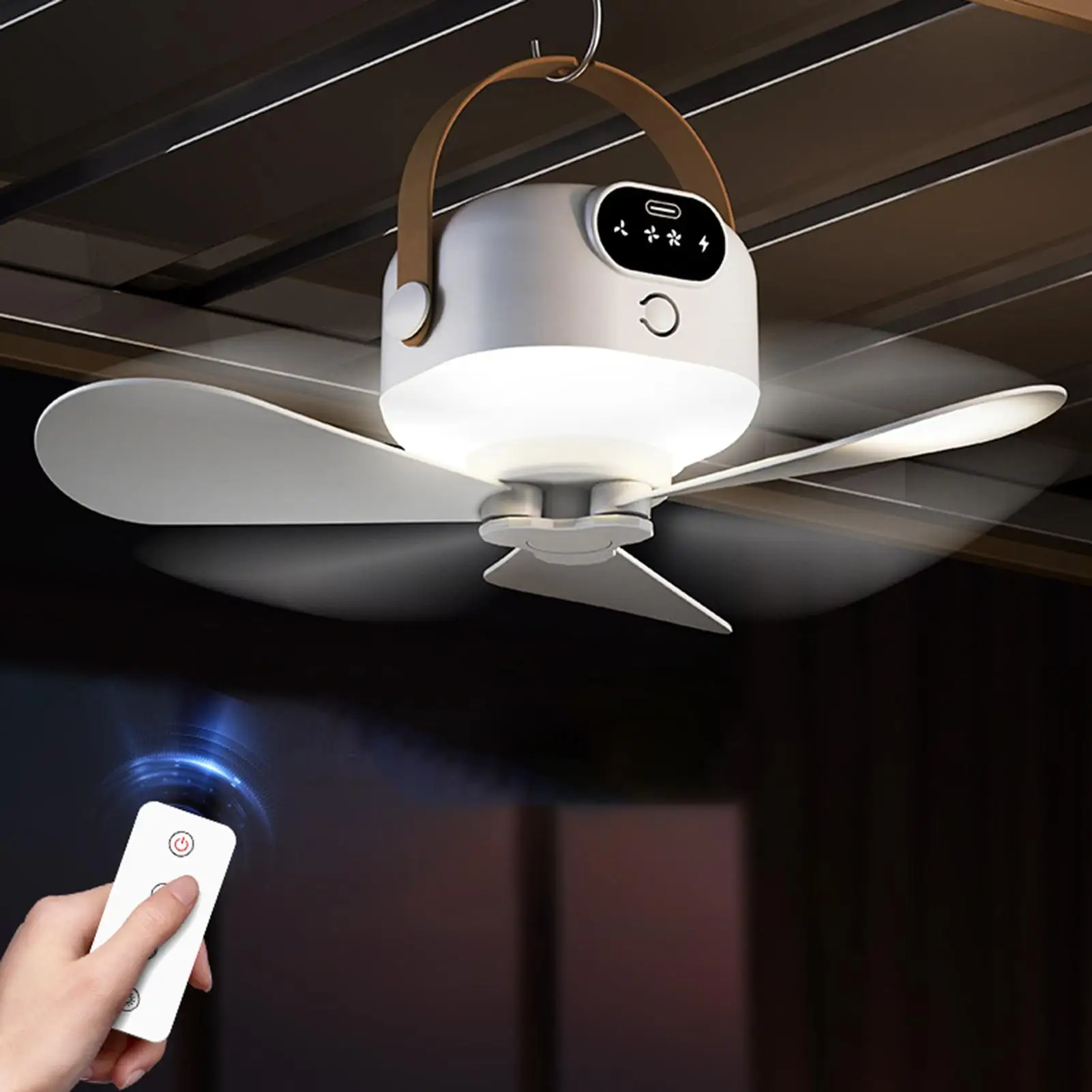 Ventilador De Techo Para Camping USB Recargable Con Luz Nocturna Y Mando A Distancia – 3 Velocidades