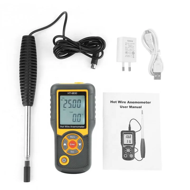 HTI HT-9830 디지털 LCD 열선 휴대용 풍속계 측정기 풍속계 EU 플러그 온도 테스터 포함 HVAC용