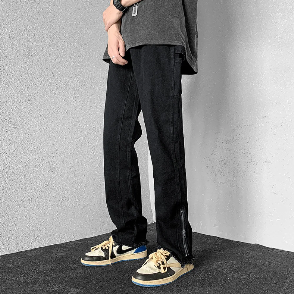 

2024 Loose Straight Tube Jeans Men Fashionable Casual Pants Zipper Design Zipper Design Sense of Brand Port Style Long Pants