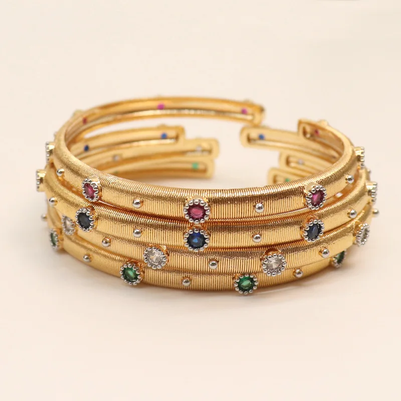 Famous Italian Craft 925 Sterling Silver Gems Emerald Ruby Sapphire Cuff Wristband Bangle Gold Luxury Italian Designer Jewelry