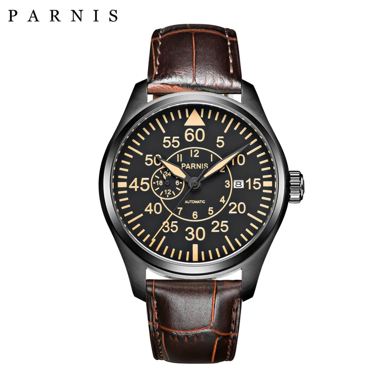 

Fashion Parnis 44mm Black Automatic Mechanical Men Watch Leather Strap Sapphire Crystal Luminous Men's Waterproof Watches 2023