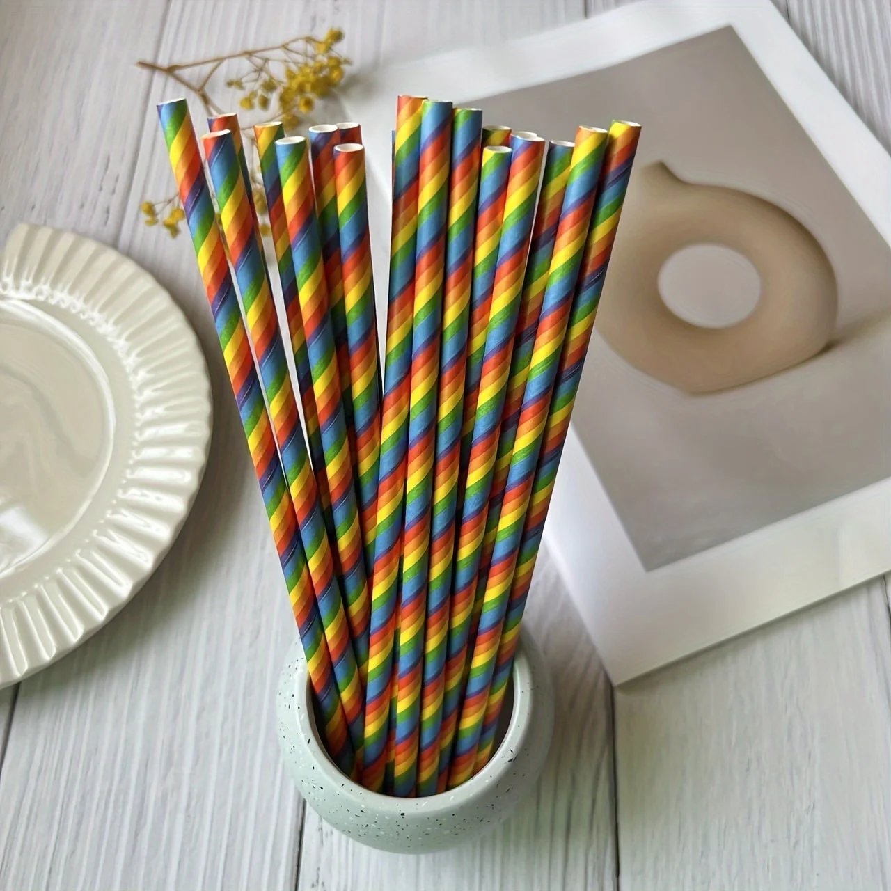 20pcs/pack, Rainbow Stripe Offset Printed Disposable Paper Straws, Table Drinks Disposable Paper Straws for Pride Day Birthday P