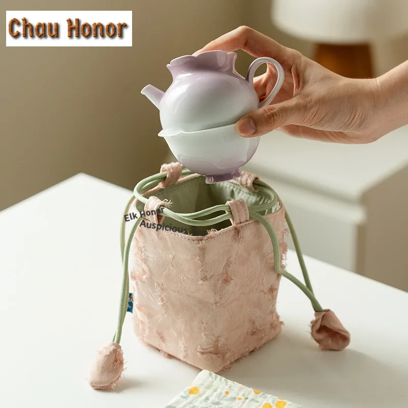 Gradient Purple Ceramic Travel Tea Set Kit Retro 1 Pot 1 Cups Tea Maker Organizer Portable Picnic Handbag for Tea Supplies Gift